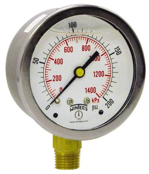 Winters - 2-1/2" Dial, 1/4 Thread, 0-100 Scale Range, Pressure Gauge - Lower Connection Mount, Accurate to 1.5% of Scale - Apex Tool & Supply