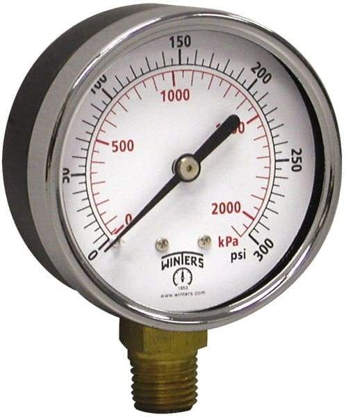 Winters - 2-1/2" Dial, 1/4 Thread, 0-300 Scale Range, Pressure Gauge - Lower Connection Mount, Accurate to 3-2-3% of Scale - Apex Tool & Supply