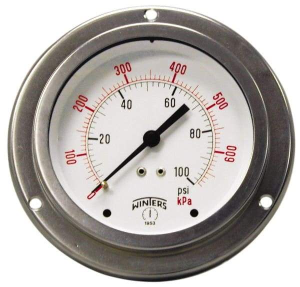 Winters - 2-1/2" Dial, 1/4 Thread, 0-30 Scale Range, Pressure Gauge - Front Flange Panel Mount, Center Back Connection Mount, Accurate to 1.5% of Scale - Apex Tool & Supply