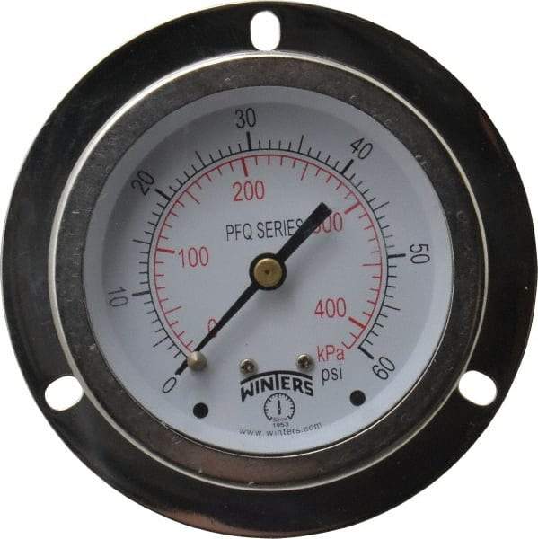 Winters - 2-1/2" Dial, 1/4 Thread, 0-60 Scale Range, Pressure Gauge - Front Flange Panel Mount, Center Back Connection Mount, Accurate to 1.5% of Scale - Apex Tool & Supply