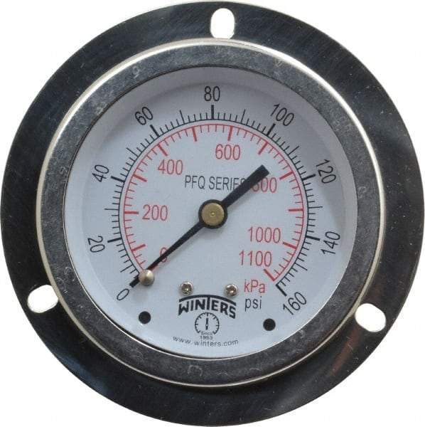 Winters - 2-1/2" Dial, 1/4 Thread, 0-160 Scale Range, Pressure Gauge - Front Flange Panel Mount, Center Back Connection Mount, Accurate to 1.5% of Scale - Apex Tool & Supply