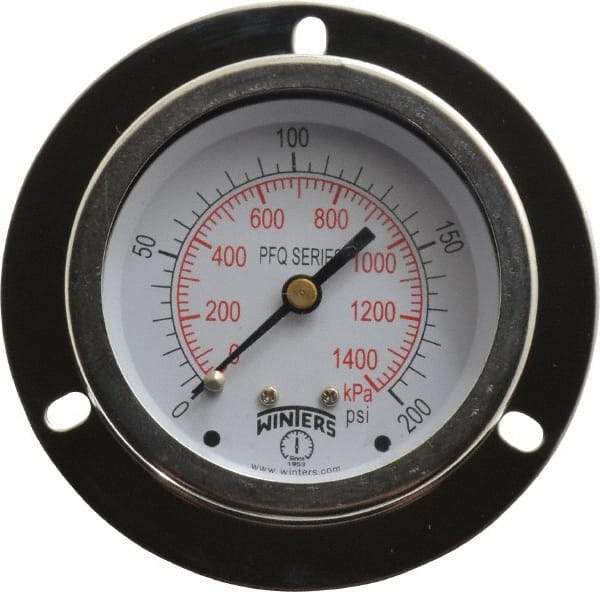 Winters - 2-1/2" Dial, 1/4 Thread, 0-200 Scale Range, Pressure Gauge - Front Flange Panel Mount, Center Back Connection Mount, Accurate to 1.5% of Scale - Apex Tool & Supply
