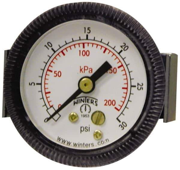 Winters - 2-1/2" Dial, 1/4 Thread, 0-30 Scale Range, Pressure Gauge - U-Clamp Panel Mount, Center Back Connection Mount, Accurate to 2.5% of Scale - Apex Tool & Supply