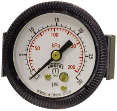 Winters - 2-1/2" Dial, 1/4 Thread, 0-30 Scale Range, Pressure Gauge - U-Clamp Panel Mount, Center Back Connection Mount, Accurate to 2.5% of Scale - Apex Tool & Supply