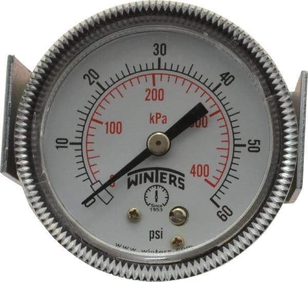Winters - 2" Dial, 1/8 Thread, 0-60 Scale Range, Pressure Gauge - U-Clamp Panel Mount, Center Back Connection Mount, Accurate to 2.5% of Scale - Apex Tool & Supply