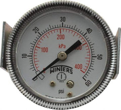 Winters - 2" Dial, 1/8 Thread, 0-60 Scale Range, Pressure Gauge - U-Clamp Panel Mount, Center Back Connection Mount, Accurate to 2.5% of Scale - Apex Tool & Supply
