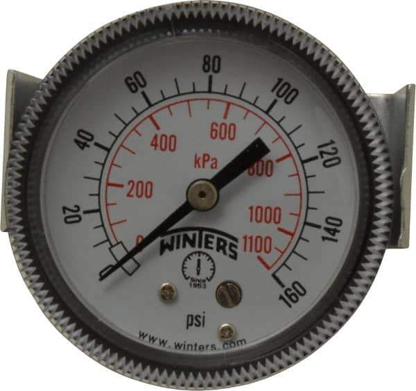 Winters - 2" Dial, 1/8 Thread, 0-160 Scale Range, Pressure Gauge - U-Clamp Panel Mount, Center Back Connection Mount, Accurate to 2.5% of Scale - Apex Tool & Supply