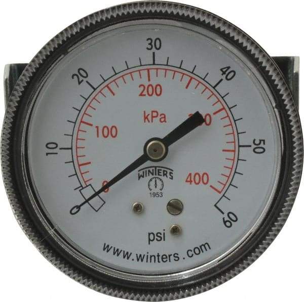 Winters - 2-1/2" Dial, 1/4 Thread, 0-60 Scale Range, Pressure Gauge - U-Clamp Panel Mount, Center Back Connection Mount, Accurate to 2.5% of Scale - Apex Tool & Supply