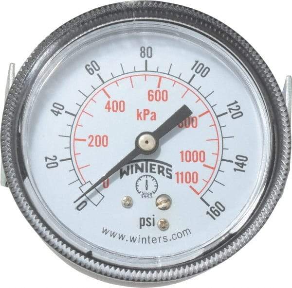 Winters - 2-1/2" Dial, 1/4 Thread, 0-160 Scale Range, Pressure Gauge - U-Clamp Panel Mount, Center Back Connection Mount, Accurate to 2.5% of Scale - Apex Tool & Supply