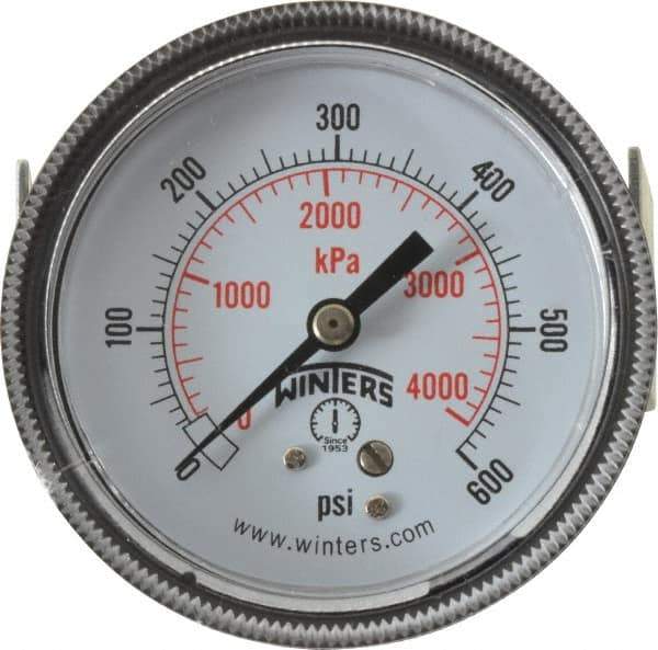 Winters - 2-1/2" Dial, 1/4 Thread, 0-600 Scale Range, Pressure Gauge - U-Clamp Panel Mount, Center Back Connection Mount, Accurate to 2.5% of Scale - Apex Tool & Supply