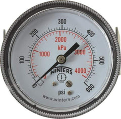 Winters - 2-1/2" Dial, 1/4 Thread, 0-600 Scale Range, Pressure Gauge - U-Clamp Panel Mount, Center Back Connection Mount, Accurate to 2.5% of Scale - Apex Tool & Supply