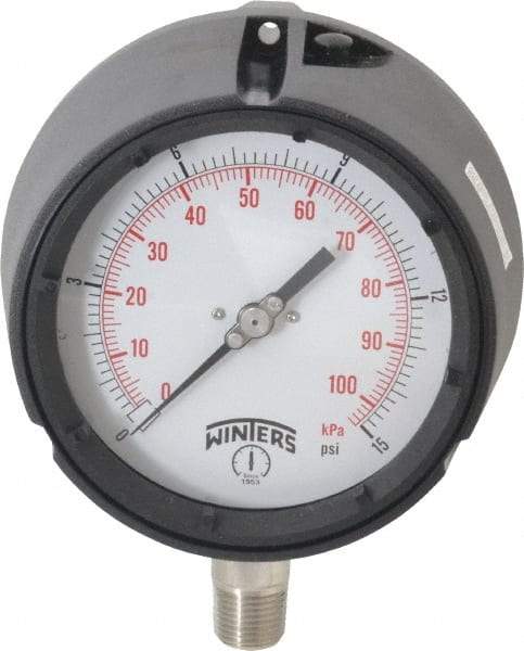 Winters - 4-1/2" Dial, 1/2 Thread, 0-15 Scale Range, Pressure Gauge - Lower Connection Mount, Accurate to 0.5% of Scale - Apex Tool & Supply