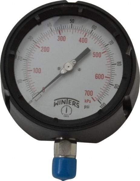 Winters - 4-1/2" Dial, 1/2 Thread, 0-100 Scale Range, Pressure Gauge - Lower Connection Mount, Accurate to 0.5% of Scale - Apex Tool & Supply