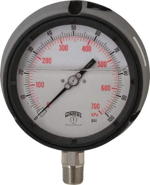 Winters - 4-1/2" Dial, 1/2 Thread, 0-100 Scale Range, Pressure Gauge - Lower Connection Mount, Accurate to 0.5% of Scale - Apex Tool & Supply