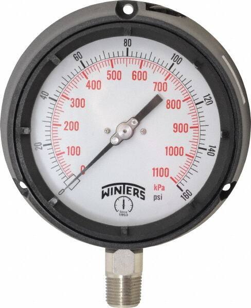 Winters - 4-1/2" Dial, 1/2 Thread, 0-160 Scale Range, Pressure Gauge - Lower Connection Mount, Accurate to 0.5% of Scale - Apex Tool & Supply