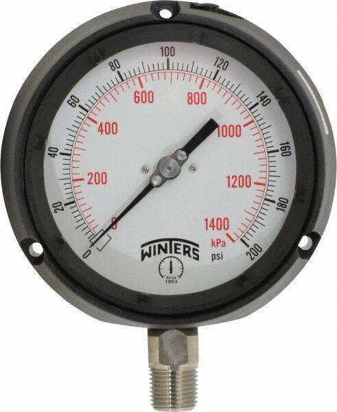 Winters - 4-1/2" Dial, 1/2 Thread, 0-200 Scale Range, Pressure Gauge - Lower Connection Mount, Accurate to 0.5% of Scale - Apex Tool & Supply