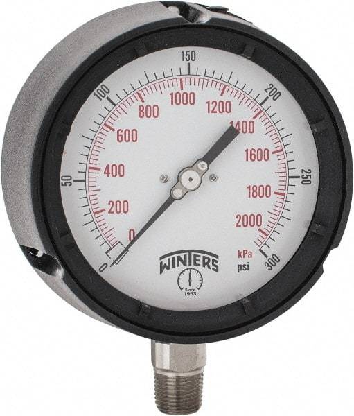 Winters - 4-1/2" Dial, 1/2 Thread, 0-300 Scale Range, Pressure Gauge - Lower Connection Mount, Accurate to 0.5% of Scale - Apex Tool & Supply
