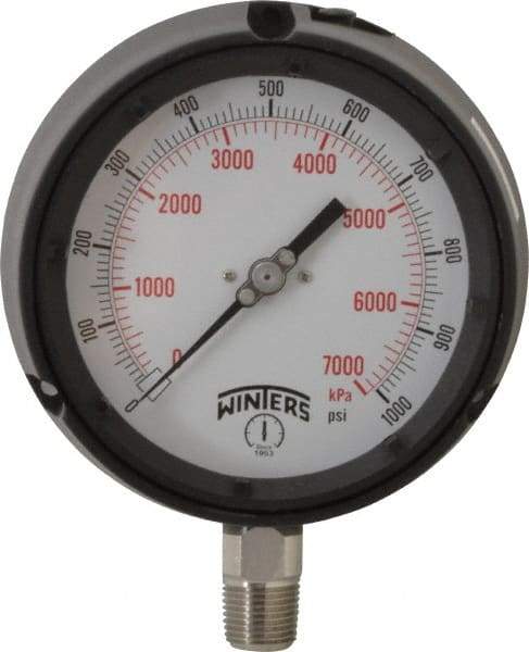 Winters - 4-1/2" Dial, 1/2 Thread, 0-1,000 Scale Range, Pressure Gauge - Lower Connection Mount, Accurate to 0.5% of Scale - Apex Tool & Supply
