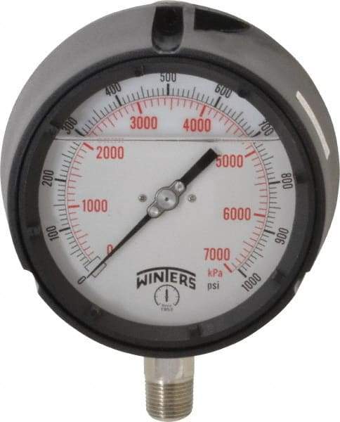 Winters - 4-1/2" Dial, 1/2 Thread, 0-1,000 Scale Range, Pressure Gauge - Lower Connection Mount, Accurate to 0.5% of Scale - Apex Tool & Supply