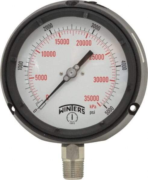 Winters - 4-1/2" Dial, 1/2 Thread, 0-5,000 Scale Range, Pressure Gauge - Lower Connection Mount, Accurate to 0.5% of Scale - Apex Tool & Supply