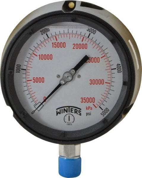 Winters - 4-1/2" Dial, 1/2 Thread, 0-5,000 Scale Range, Pressure Gauge - Lower Connection Mount, Accurate to 0.5% of Scale - Apex Tool & Supply