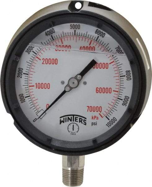 Winters - 4-1/2" Dial, 1/2 Thread, 0-10,000 Scale Range, Pressure Gauge - Lower Connection Mount, Accurate to 0.5% of Scale - Apex Tool & Supply