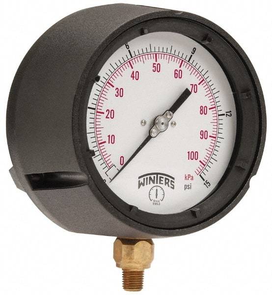 Winters - 4-1/2" Dial, 1/4 Thread, 0-15 Scale Range, Pressure Gauge - Lower Connection Mount, Accurate to 0.5% of Scale - Apex Tool & Supply