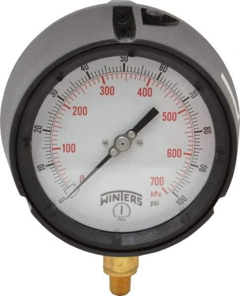 Winters - 4-1/2" Dial, 1/4 Thread, 0-100 Scale Range, Pressure Gauge - Lower Connection Mount, Accurate to 0.5% of Scale - Apex Tool & Supply