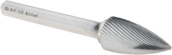 M.A. Ford - 1/2" Cut Diam, 1/4" Shank Diam, Tree Head Double Cut Burr - Carbide, Point End, 1" LOC, 3" OAL - Apex Tool & Supply