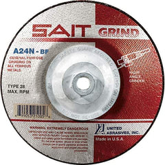 Sait - 24 Grit, 4-1/2" Wheel Diam, 1/4" Wheel Thickness, Type 28 Depressed Center Wheel - Aluminum Oxide, Resinoid Bond, N Hardness, 13,300 Max RPM, Compatible with Angle Grinder - Apex Tool & Supply
