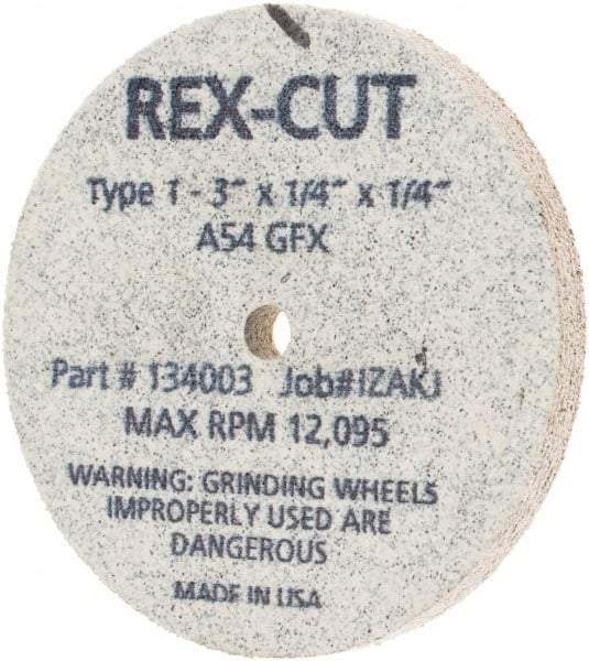 Rex Cut Product - 3" Diam x 1/4" Hole x 1/4" Thick, 54 Grit Surface Grinding Wheel - Aluminum Oxide, Type 1, Coarse Grade, 12,095 Max RPM, Rubber Bond, No Recess - Apex Tool & Supply