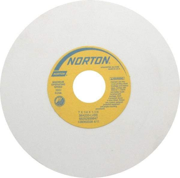Norton - 7" Diam x 1-1/4" Hole x 1/4" Thick, L Hardness, 220 Grit Surface Grinding Wheel - Aluminum Oxide, Type 1, Very Fine Grade, 3,600 Max RPM, Vitrified Bond, No Recess - Apex Tool & Supply