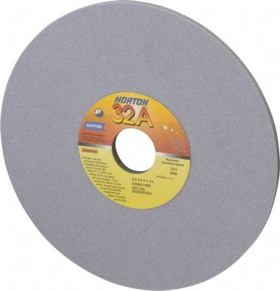 Norton - 8" Diam x 1-1/4" Hole x 1/4" Thick, L Hardness, 80 Grit Surface Grinding Wheel - Aluminum Oxide, Type 1, Medium Grade, 3,600 Max RPM, Vitrified Bond, No Recess - Apex Tool & Supply