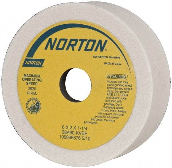 Norton - 6" Diam, 1-1/4" Hole Size, 2" Overall Thickness, 60 Grit, Type 6 Tool & Cutter Grinding Wheel - Medium Grade, Aluminum Oxide, K Hardness, Vitrified Bond, 3,820 RPM - Apex Tool & Supply