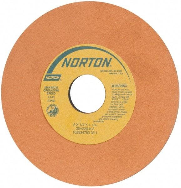 Norton - 6" Diam x 1-1/4" Hole x 1/4" Thick, K Hardness, 220 Grit Surface Grinding Wheel - Aluminum Oxide, Very Fine Grade, 4,140 Max RPM, Vitrified Bond - Apex Tool & Supply
