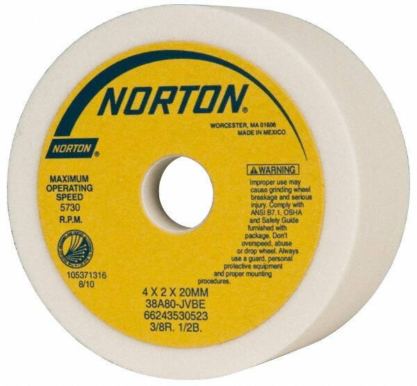 Norton - 4" Diam, 20mm Hole Size, 2" Overall Thickness, 80 Grit, Type 6 Tool & Cutter Grinding Wheel - Medium Grade, Aluminum Oxide, J Hardness, Vitrified Bond, 5,730 RPM - Apex Tool & Supply