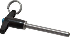 Jergens - 1/4" Diam, 2" Usable Length, T Handle, Push Button Quick Release Pin - 3-1/2" Overall Length, Grade 17-4 Stainless Steel, Passivated Finish - Apex Tool & Supply