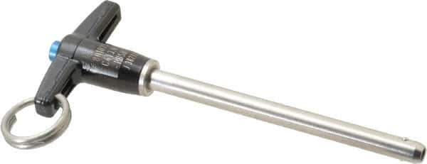 Jergens - 1/4" Diam, 3" Usable Length, T Handle, Push Button Quick Release Pin - 4-1/2" Overall Length, Grade 17-4 Stainless Steel, Passivated Finish - Apex Tool & Supply