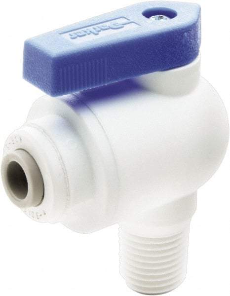 Parker - 1/4" Pipe, Full Port, Polypropylene Valve Male Elbow Ball Valve - Bi-Directional, MNPT x Push-to-Connect Ends, Wedge Handle, 150 WOG - Apex Tool & Supply