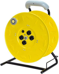 Value Collection - 12 AWG, 100' Cable Length, Cord & Cable Reel with Outlet End, No Cable - 4 Outlets, NEMA 5-15R, 15 Amps, 125 Volts, SO Cable, Yellow Reel, Hand Crank Reel - Apex Tool & Supply
