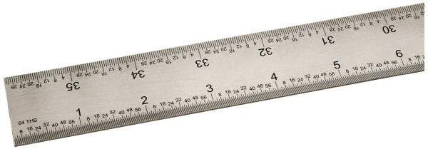 SPI - 36" Long, 1/100, 1/64, 1/32, 1/10" Graduation, Rigid Steel Rule - 5R Graduation Style, 1-1/4" Wide, Silver, Satin Chrome Finish - Apex Tool & Supply