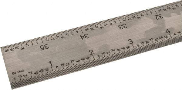SPI - 36" Long, 1/100, 1/64, 1/50, 1/32" Graduation, Rigid Steel Rule - 16R Graduation Style, 1-1/4" Wide, Silver, Satin Chrome Finish - Apex Tool & Supply