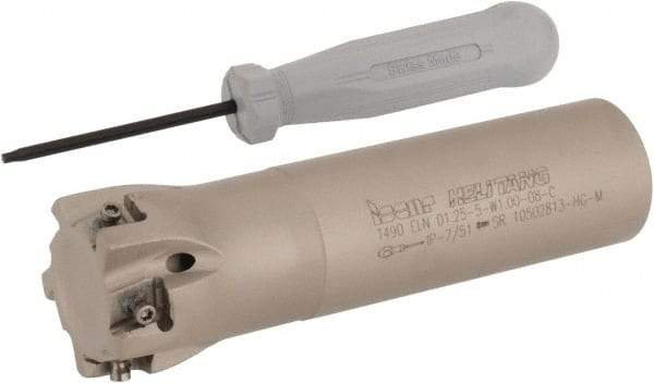 Iscar - 1-1/4" Cut Diam, 0.315" Max Depth of Cut, 1" Shank Diam, 4" OAL, Indexable Square Shoulder Helical End Mill - T490 LN.T 0804 Inserts, Weldon Shank, 90° Lead Angle, Through Coolant, Series Helitang - Apex Tool & Supply