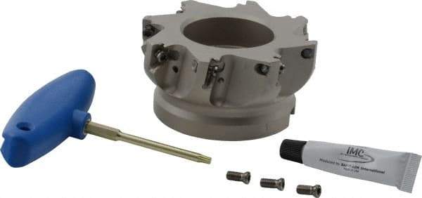 Iscar - 8 Inserts, 4" Cut Diam, 1-1/2" Arbor Diam, 0.512" Max Depth of Cut, Indexable Square-Shoulder Face Mill - 0/90° Lead Angle, 2" High, HM390 TDKT 1505 Insert Compatibility, Through Coolant, Series HeliIQMill - Apex Tool & Supply