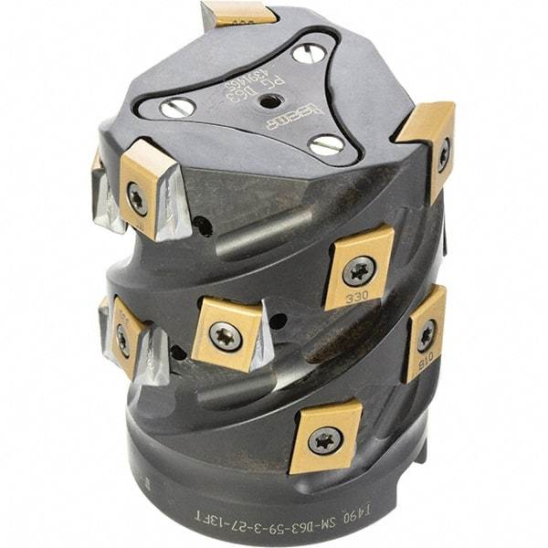 Iscar - 15 Inserts, 63mm Cut Diam, 27mm Arbor Diam, 59mm Max Depth of Cut, Indexable Square-Shoulder Face Mill - 0/90° Lead Angle, 80mm High, T490 LN.. 1306 Insert Compatibility, Through Coolant, Series Helitang - Apex Tool & Supply