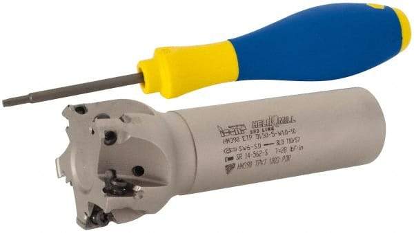 Iscar - 1-1/2" Cut Diam, 0.315" Max Depth of Cut, 1" Shank Diam, 4" OAL, Indexable Square Shoulder Helical End Mill - HM390 TPKT 1003 Inserts, Weldon Shank, 90° Lead Angle, Through Coolant, Series HeliIQMill - Apex Tool & Supply