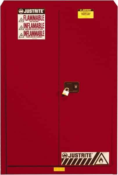Justrite - 2 Door, 5 Shelf, Red Steel Standard Safety Cabinet for Flammable and Combustible Liquids - 65" High x 43" Wide x 18" Deep, Self Closing Door, 3 Point Key Lock, 60 Gal Capacity - Apex Tool & Supply