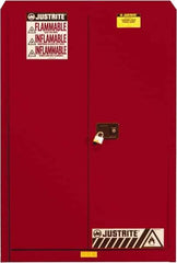 Justrite - 2 Door, 5 Shelf, Red Steel Standard Safety Cabinet for Flammable and Combustible Liquids - 65" High x 43" Wide x 18" Deep, Self Closing Door, 3 Point Key Lock, 60 Gal Capacity - Apex Tool & Supply