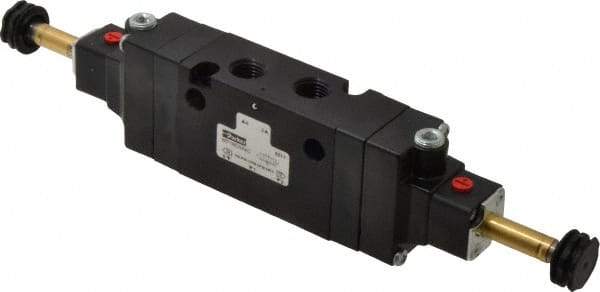 Parker - 1/4" NPT Port, Double Solenoid, 3 Position Valveless Coil, Aluminum Solenoid Valve - Center Exhaust Open, 145 Max PSI, Buna-N Seal - Apex Tool & Supply