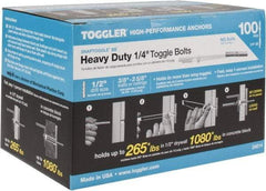 Toggler - 1/4" Screw, 6-1/4" Long, 3/8 to 3-5/8" Thick, Toggle Bolt Drywall & Hollow Wall Anchor - 1/4 - 20" Thread, 1/2" Drill, Zinc Plated, Steel, Grade 1010, Use in Drywall - Apex Tool & Supply